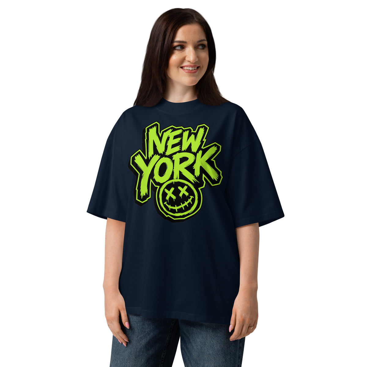 NY Smiles Unisex organic oversized high neck t-shirt — French Navy — Women's model, front