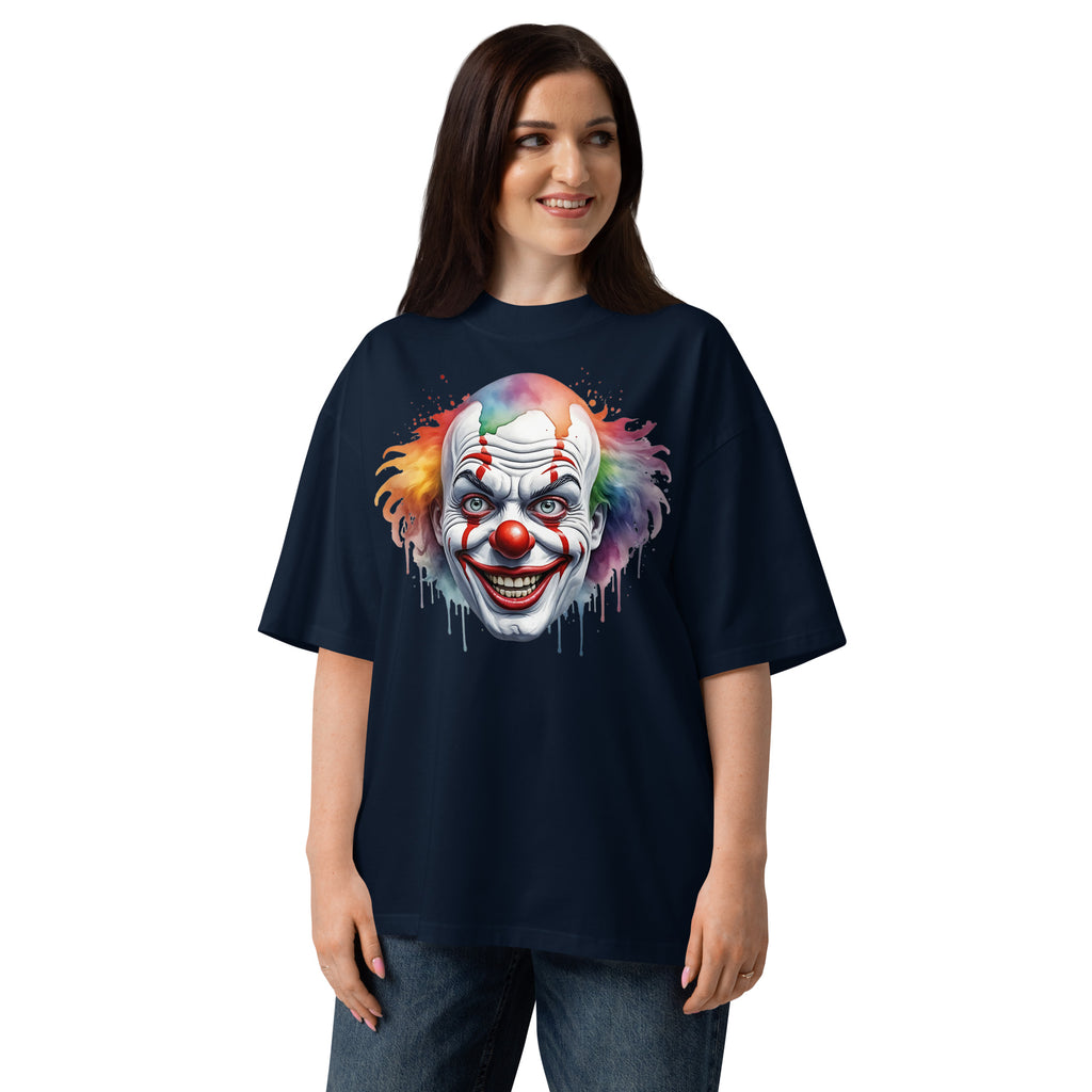 Painted Clown Unisex organic oversized high neck t-shirt — French Navy — Women's model, front