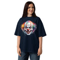 Painted Clown Unisex organic oversized high neck t-shirt — French Navy — Women's model, front