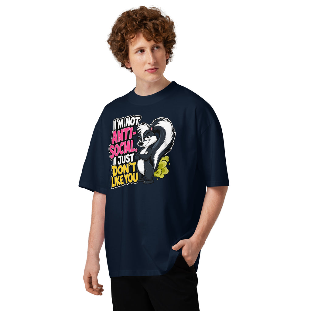 Anti Social Skunk Unisex organic oversized high neck t-shirt — French Navy — front