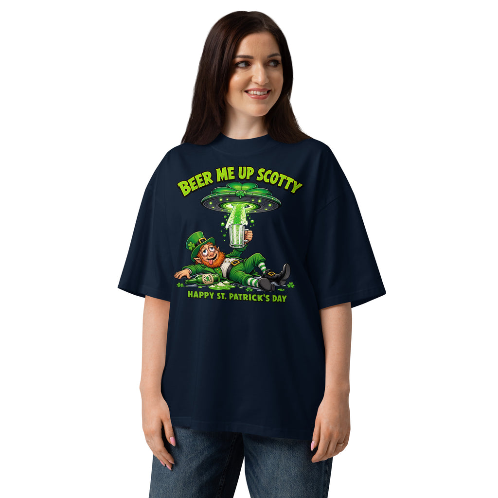 Beer Me Up St Pats Day Unisex organic oversized high neck t-shirt — French Navy — front