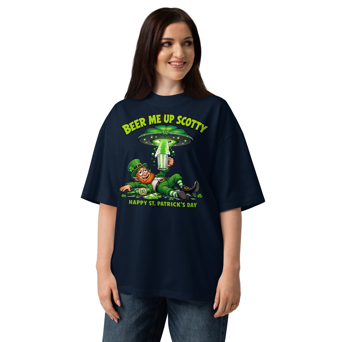 Beer Me Up St Pats Day Unisex organic oversized high neck t-shirt — French Navy — front