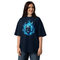 Blue flaming skull Unisex organic oversized high neck t-shirt — French Navy — front
