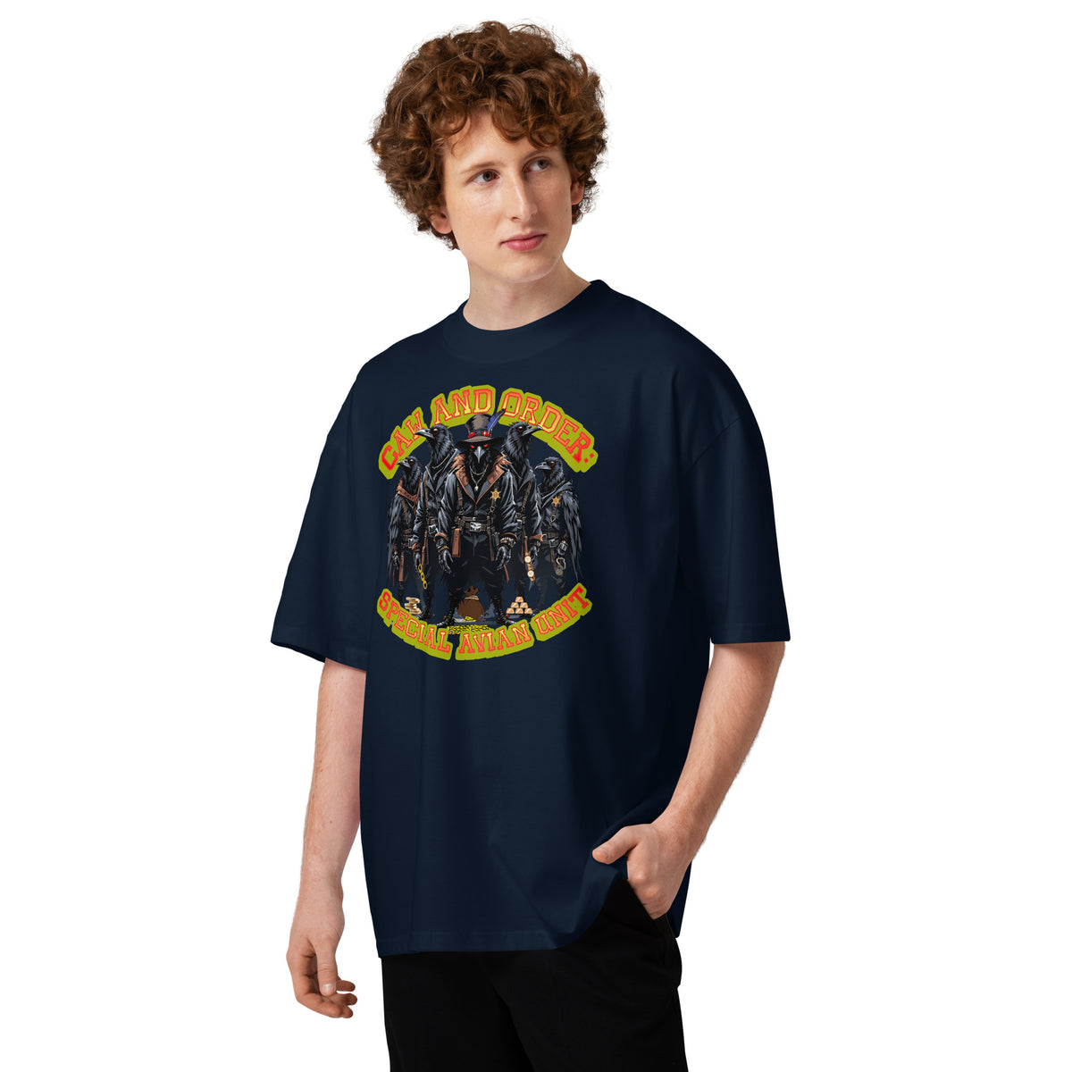 Caw and Order Special Avian Unit Unisex organic oversized high neck t-shirt — French Navy — front