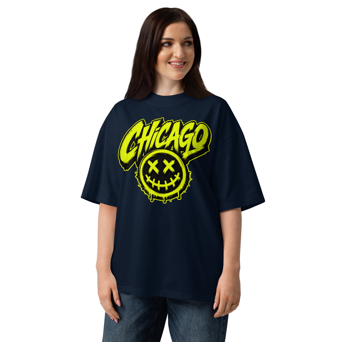 Chicago Smiles Unisex organic oversized high neck t-shirt — French Navy — front