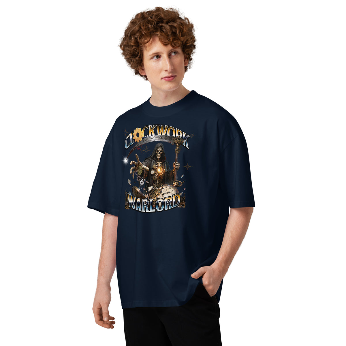 Clockwork Warlord Unisex organic oversized high neck t-shirt — French Navy — front