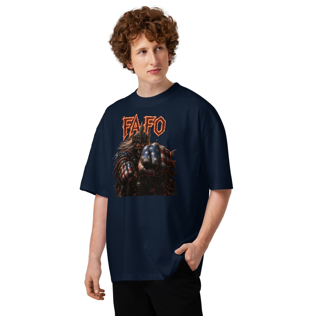 Dark FAFO Unisex organic oversized high neck t-shirt — French Navy — front