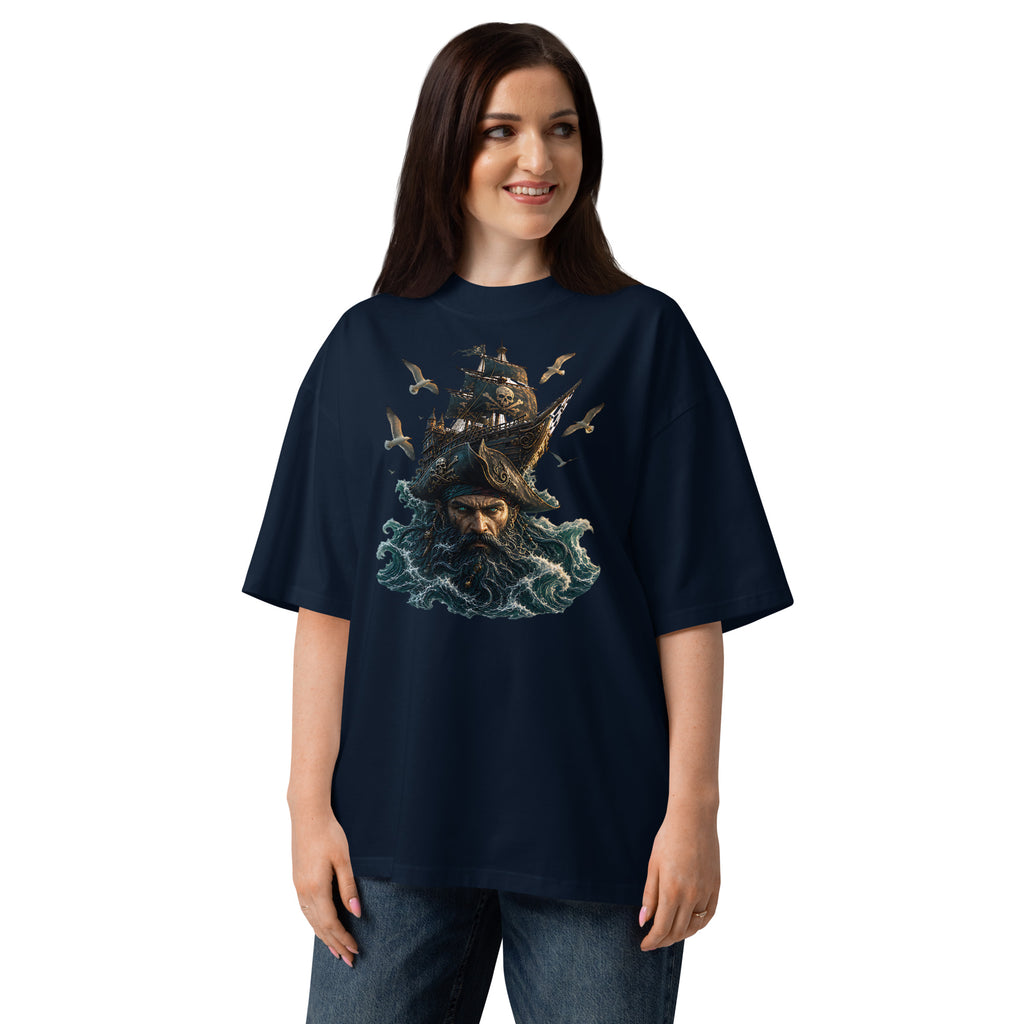 Dead Waters Unisex organic oversized high neck t-shirt — French Navy — front