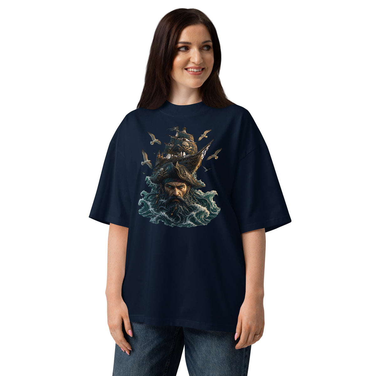 Dead Waters Unisex organic oversized high neck t-shirt — French Navy — front