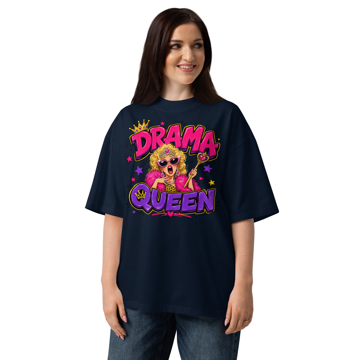 Drama Queen Unisex organic oversized high neck t-shirt — French Navy — front