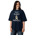 Eat sleep pray Unisex organic oversized high neck t-shirt — French Navy — front