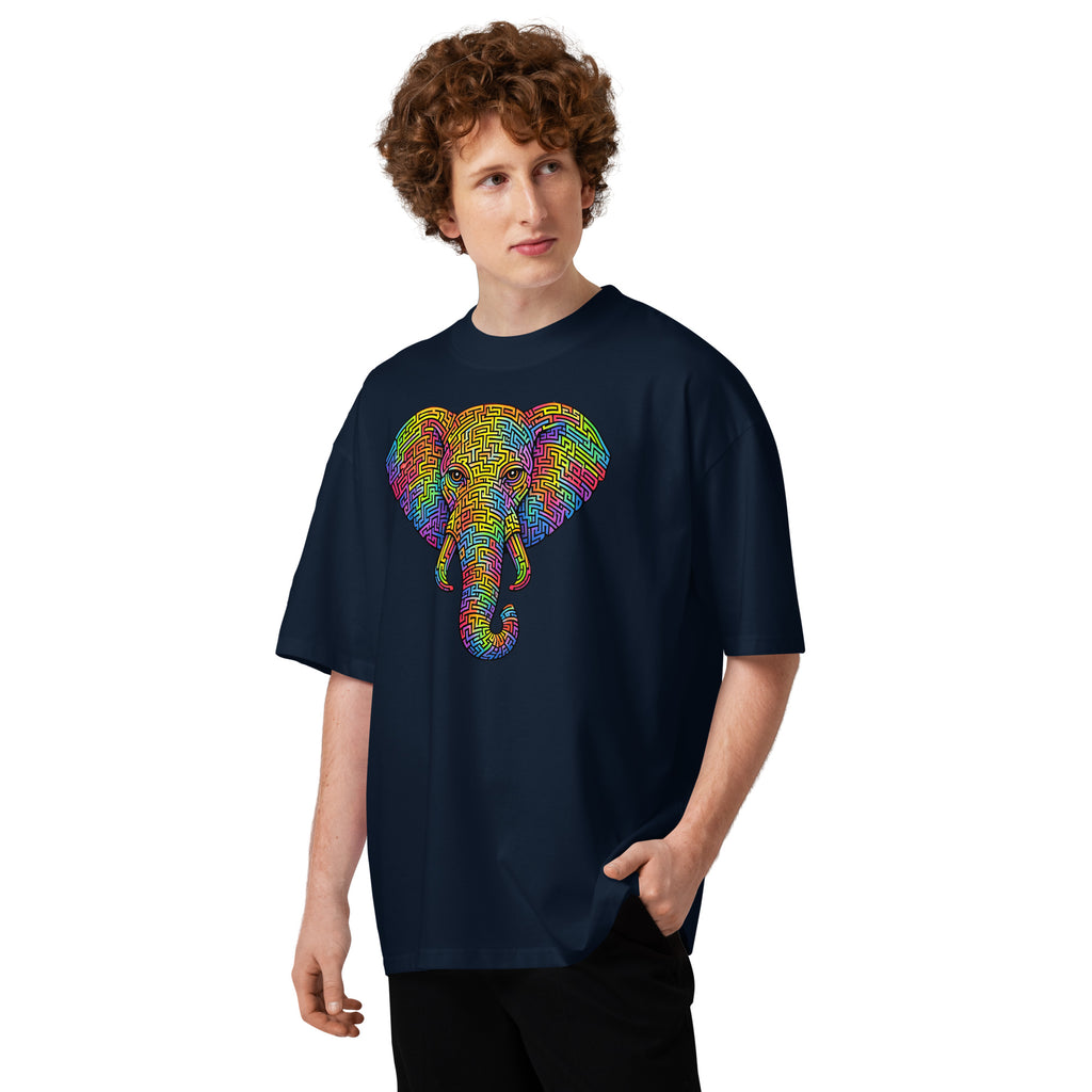Elephant Face Maze Unisex organic oversized high neck t-shirt — French Navy — front