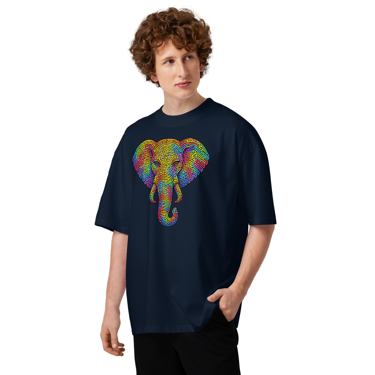 Elephant Face Maze Unisex organic oversized high neck t-shirt — French Navy — front