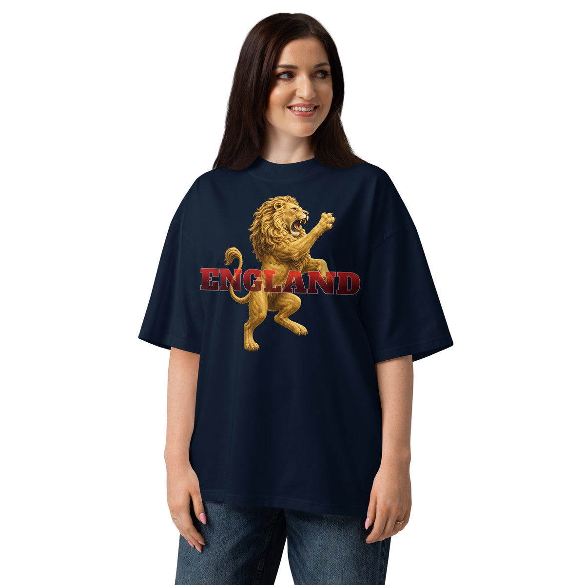 England Lion Unisex organic oversized high neck t-shirt — French Navy — front