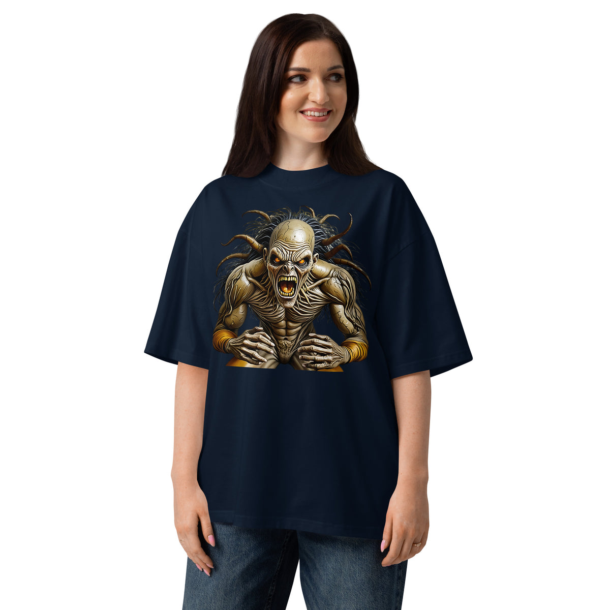 Frenzy Unisex organic oversized high neck t-shirt — French Navy — front