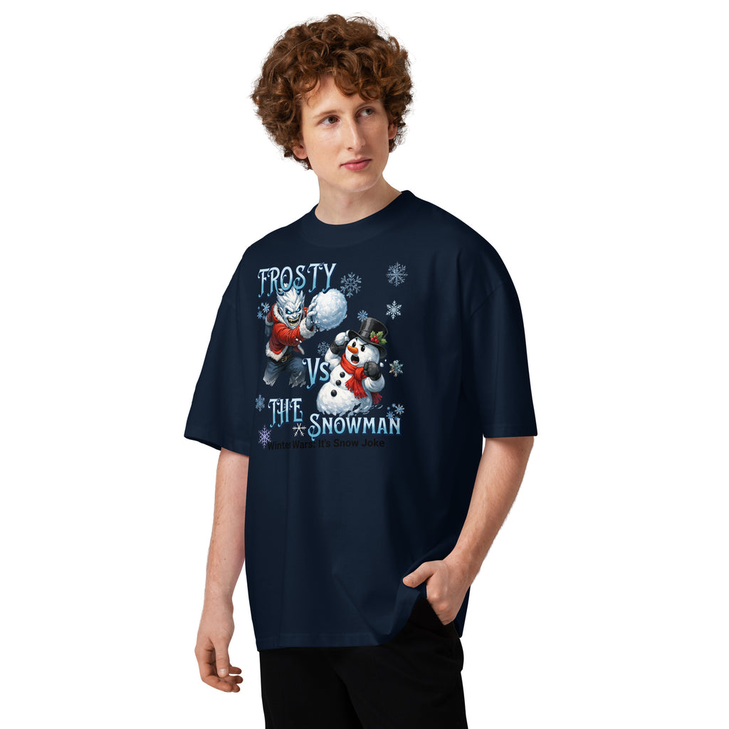 Frosty Vs The Snowman Unisex organic oversized high neck t-shirt — French Navy — front