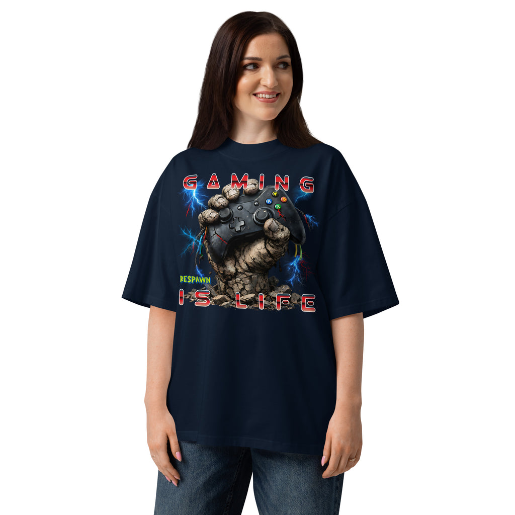 Gaming Is Life Unisex organic oversized high neck t-shirt — French Navy — front