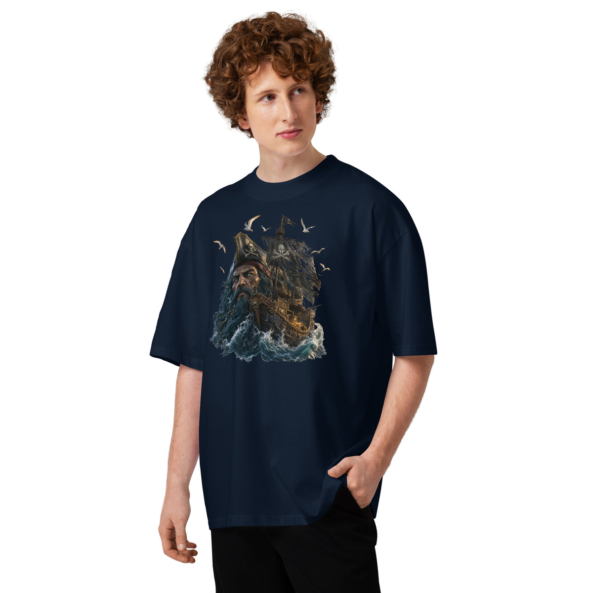 Ghost Ship Unisex organic oversized high neck t-shirt — French Navy — front