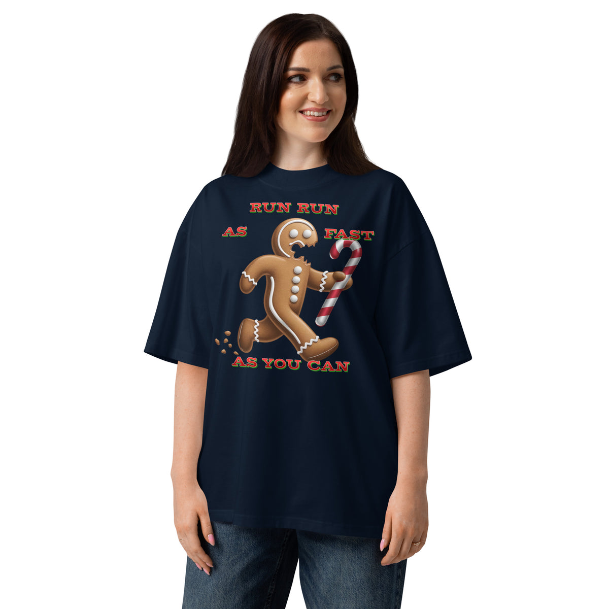 Gingerbread Man Unisex organic oversized high neck t-shirt — French Navy — front