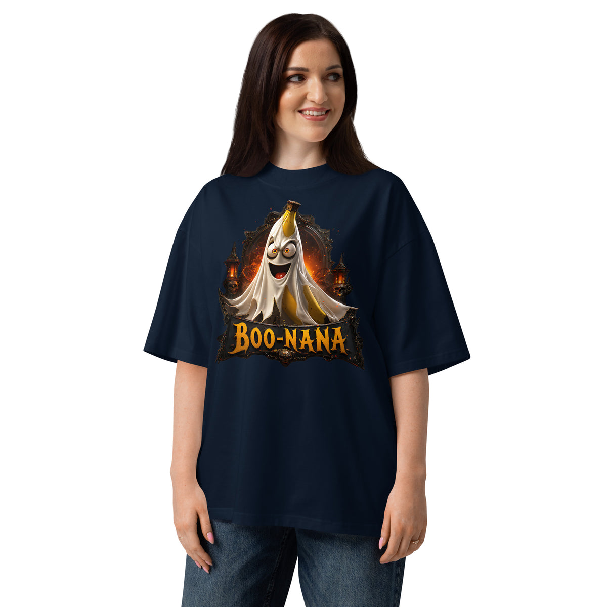 Halloween Banana Unisex organic oversized high neck t-shirt — French Navy — front