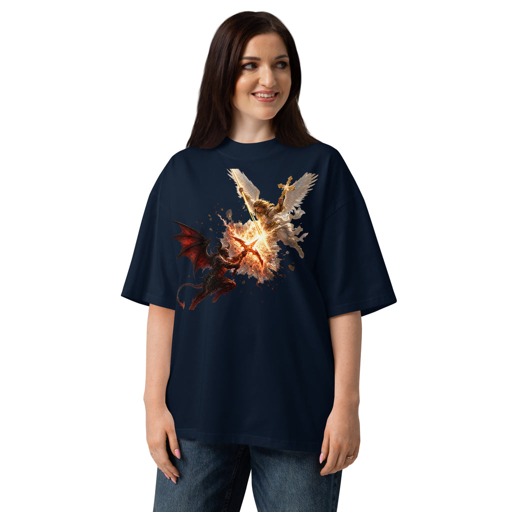 Heaven and Hell Unisex organic oversized high neck t-shirt — French Navy — front