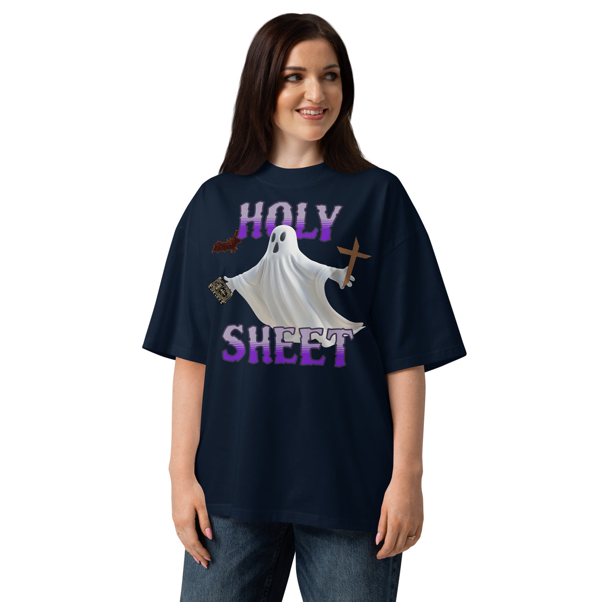 Holy Sheet Unisex organic oversized high neck t-shirt — French Navy — front