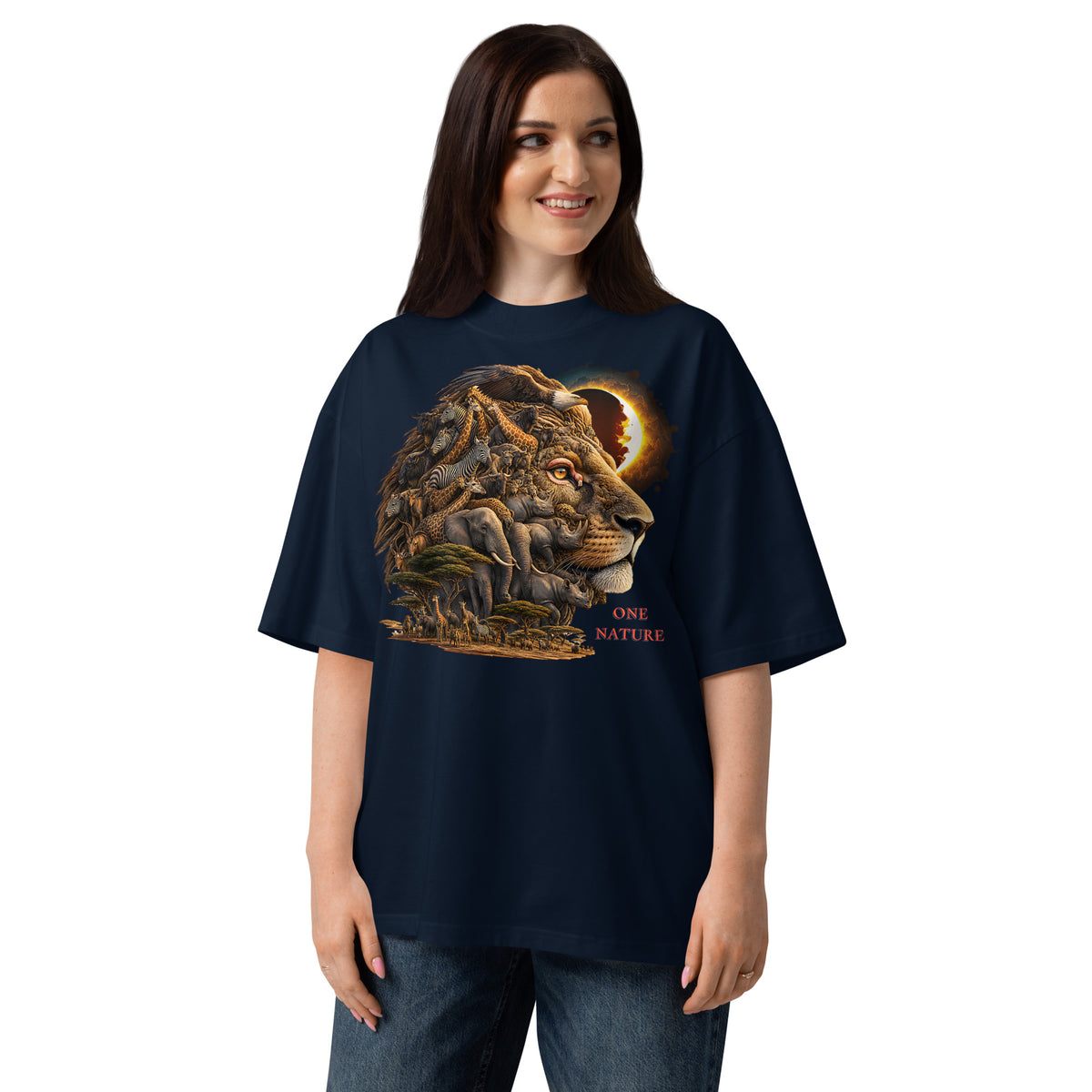 Illusions Lion Unisex organic oversized high neck t-shirt — French Navy — front