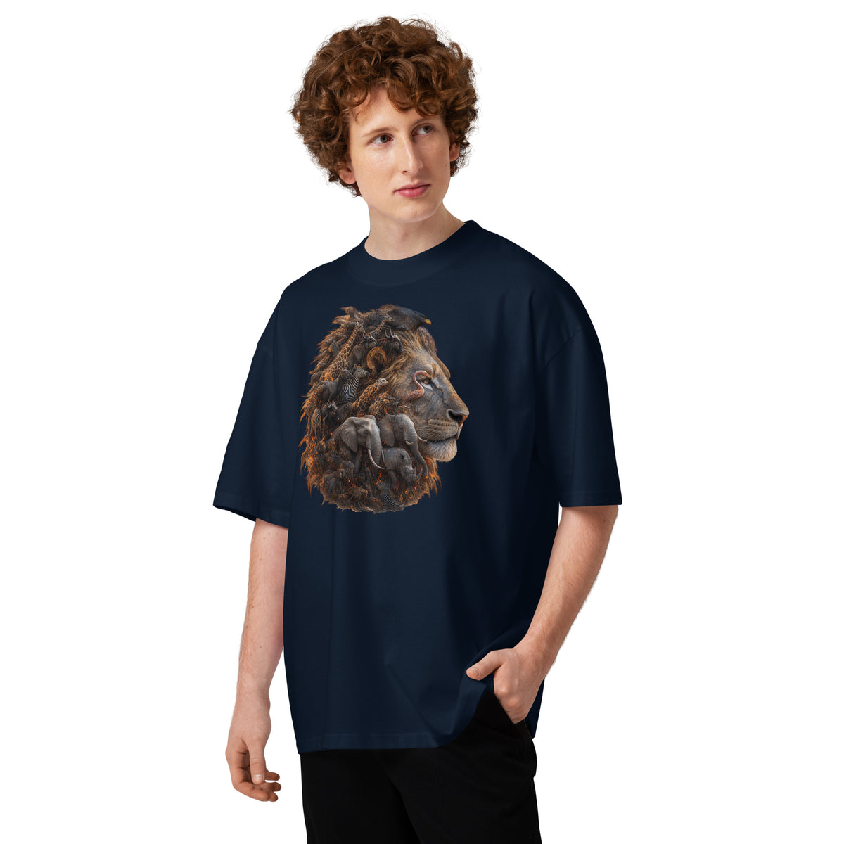 King of the Savanna Unisex organic oversized high neck t-shirt — French Navy — front