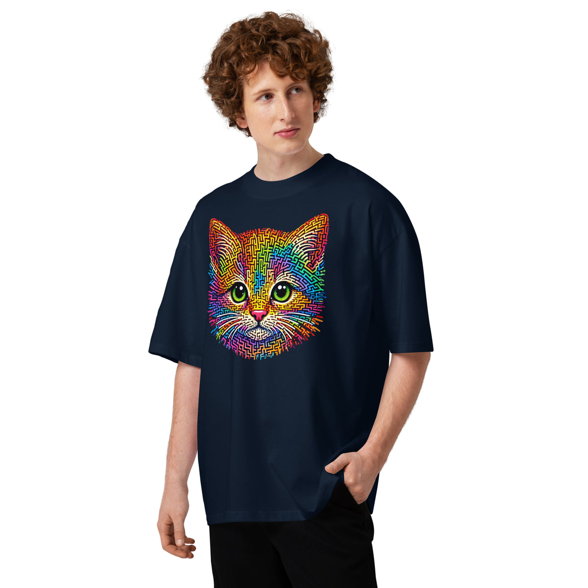 Kitten Face Maze Unisex organic oversized high neck t-shirt — French Navy — front
