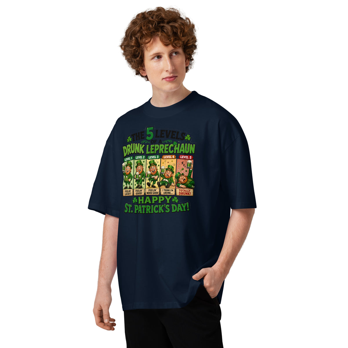 Five Levels of Leprechaun Unisex organic oversized high neck t-shirt — French Navy — front