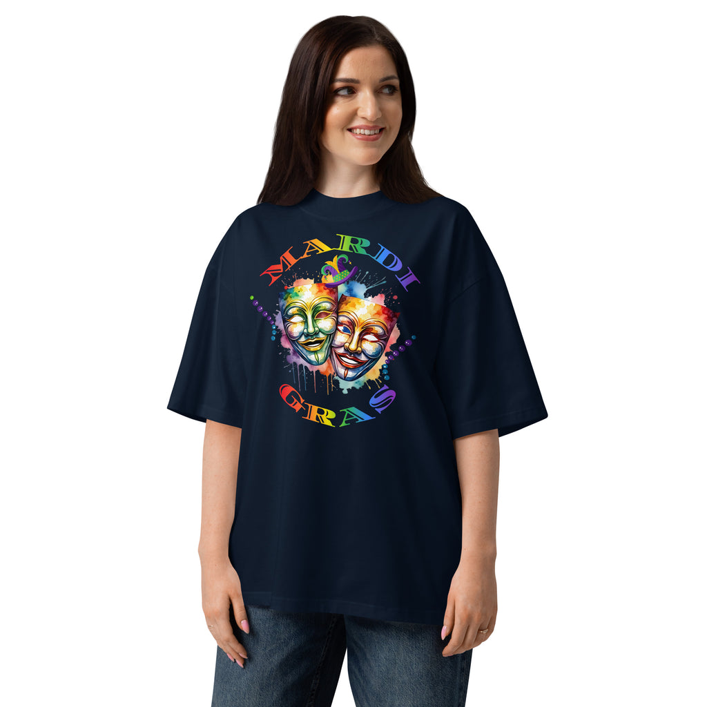 Mardi Gras Masks Unisex organic oversized high neck t-shirt — French Navy — front