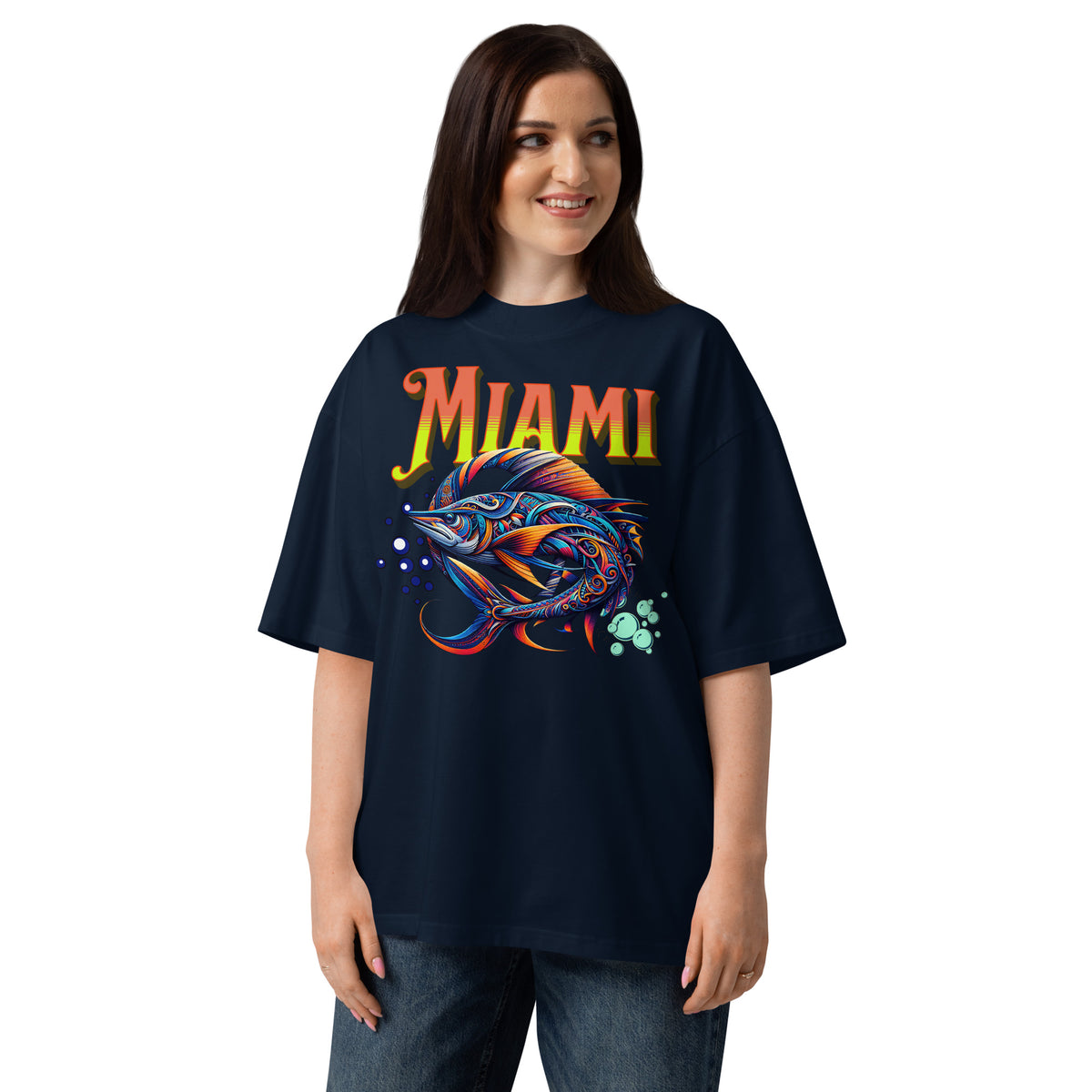 Miami Swordfish Unisex organic oversized high neck t-shirt — French Navy — front