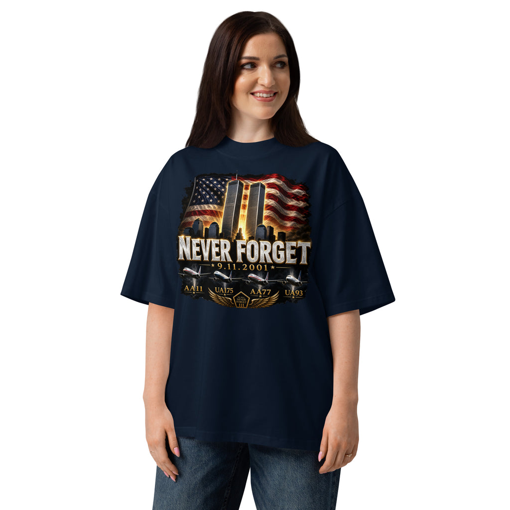 Never Forget 9/11 — Twin Towers Unisex organic oversized high neck t-shirt — French Navy — front