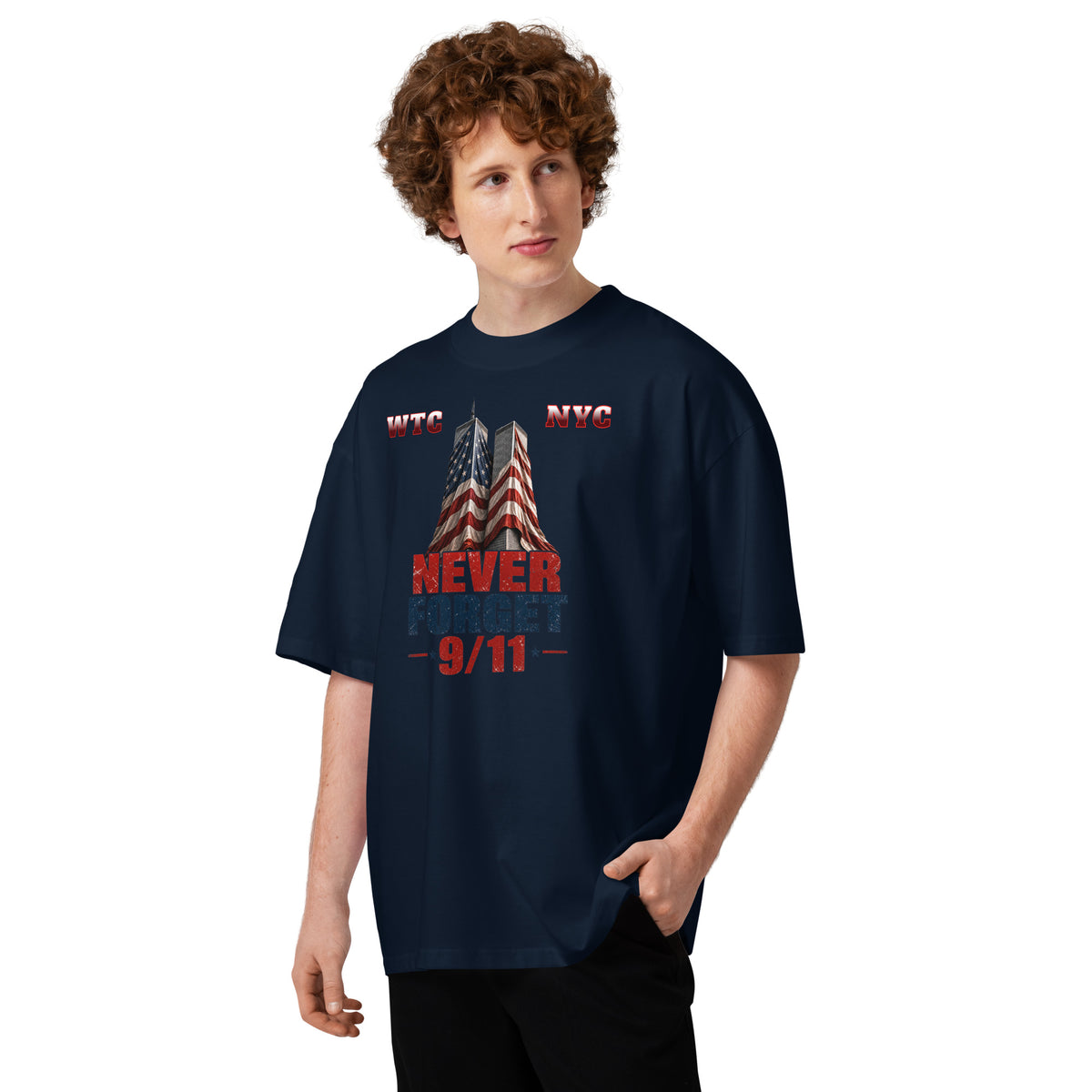 Never Forget 9/11 — WTC NYC Unisex organic oversized high neck t-shirt — French Navy — front