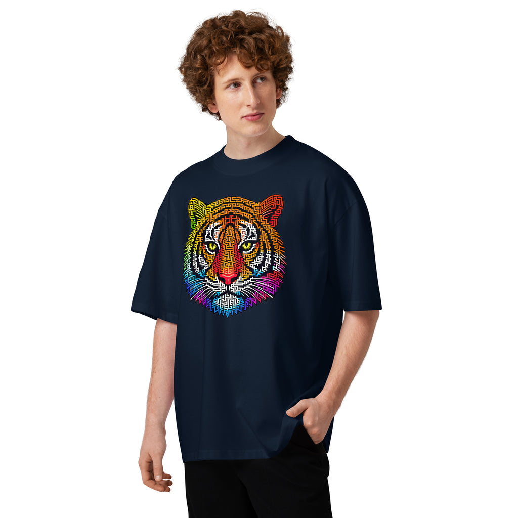 Rainbow Tiger Face Maze Unisex organic oversized high neck t-shirt — French Navy — front
