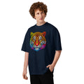 Rainbow Tiger Face Maze Unisex organic oversized high neck t-shirt — French Navy — front