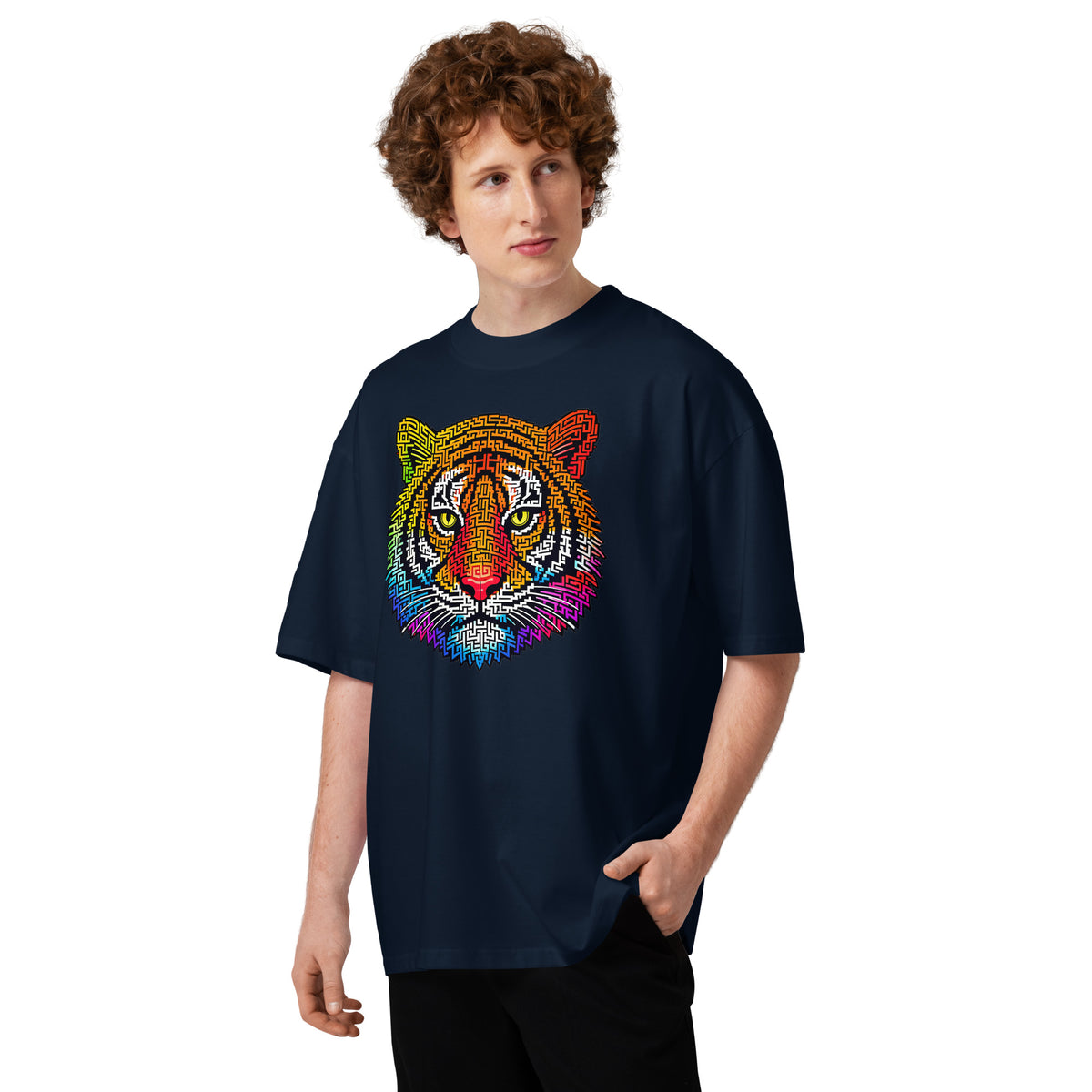 Rainbow Tiger Face Maze Unisex organic oversized high neck t-shirt — French Navy — front