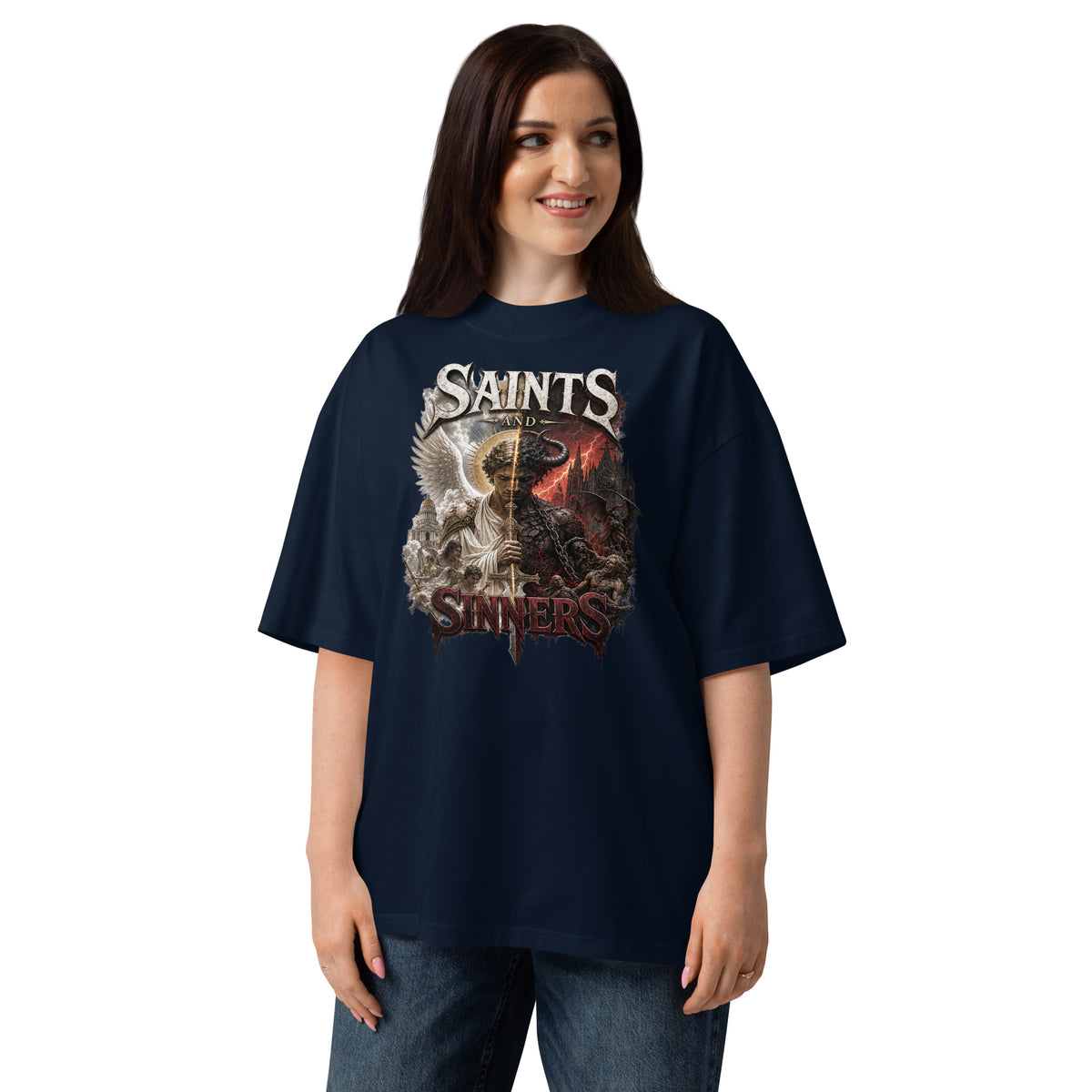 Saints and Sinners Unisex organic oversized high neck t-shirt — French Navy — front
