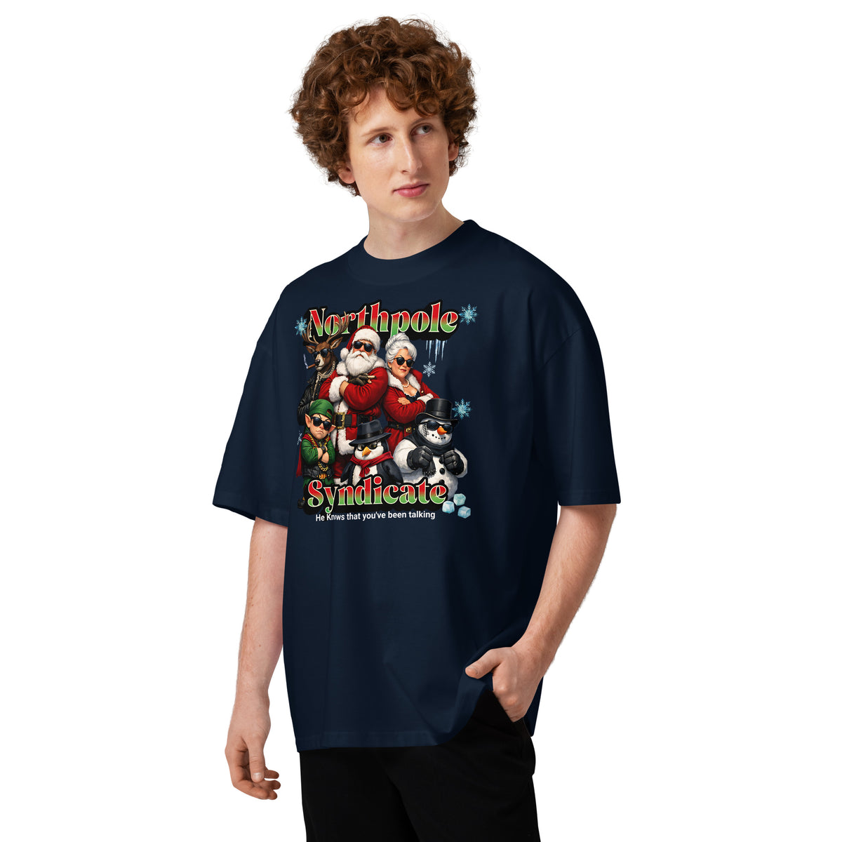Santa’s Xmas Crew Unisex organic oversized high neck t-shirt — French Navy — front