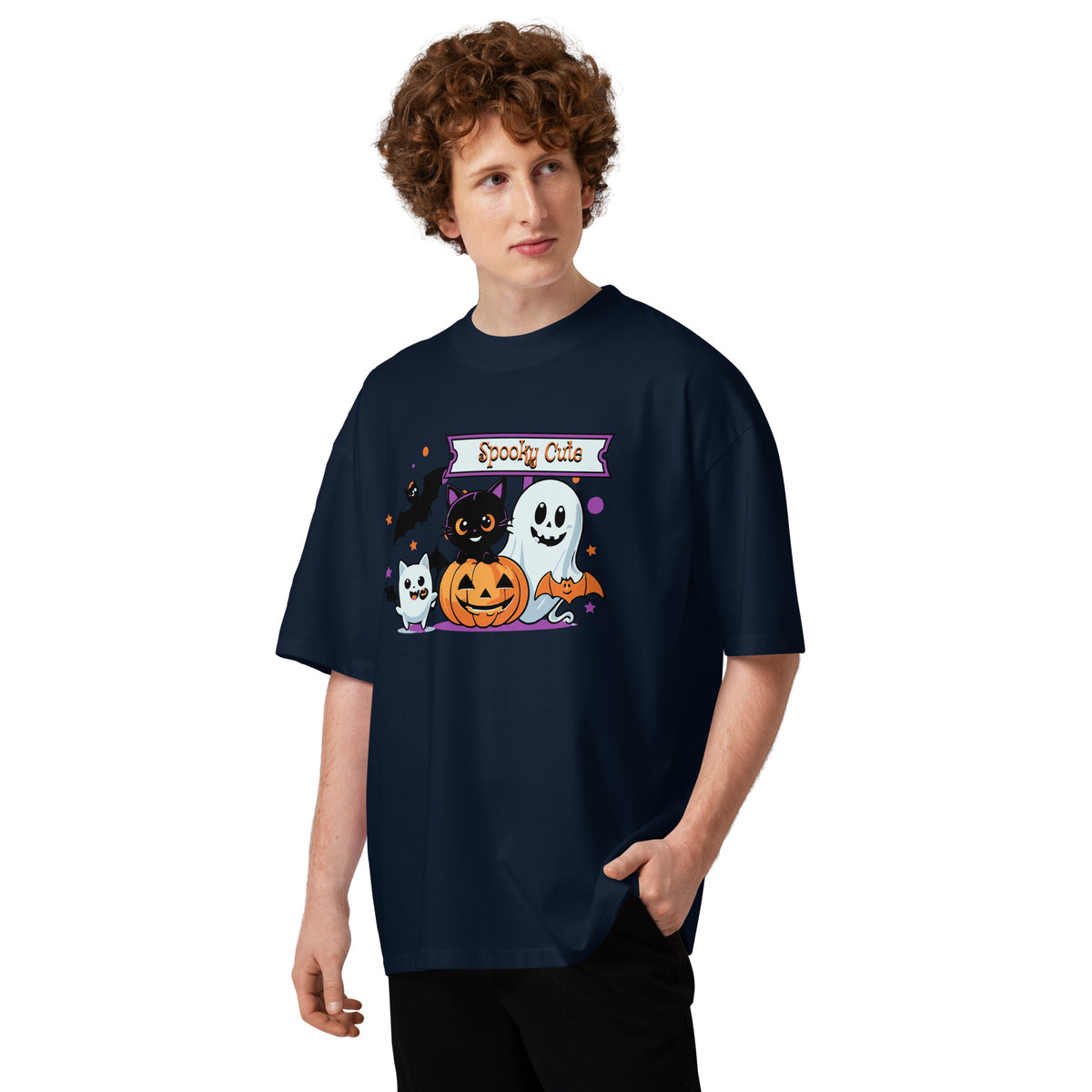Spooky Cute Halloween Unisex organic oversized high neck t-shirt — French Navy — front