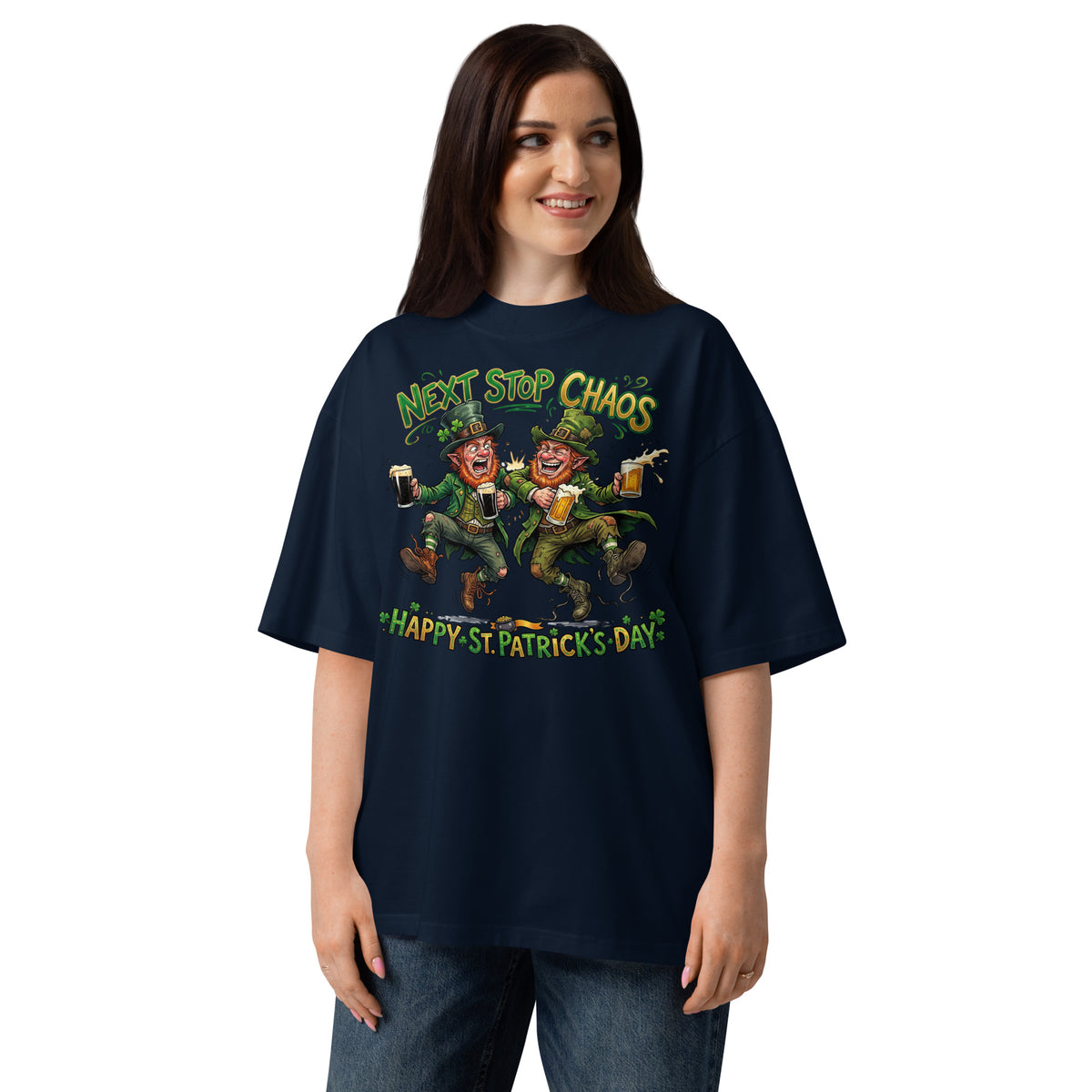 St. Patrick’s Day Chaos Unisex organic oversized high neck t-shirt — French Navy — front