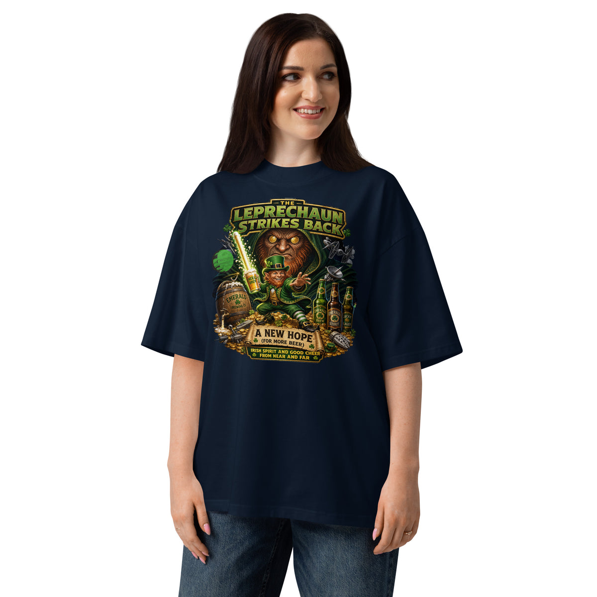 Leprechaun Strikes Back Unisex organic oversized high neck t-shirt — French Navy — front