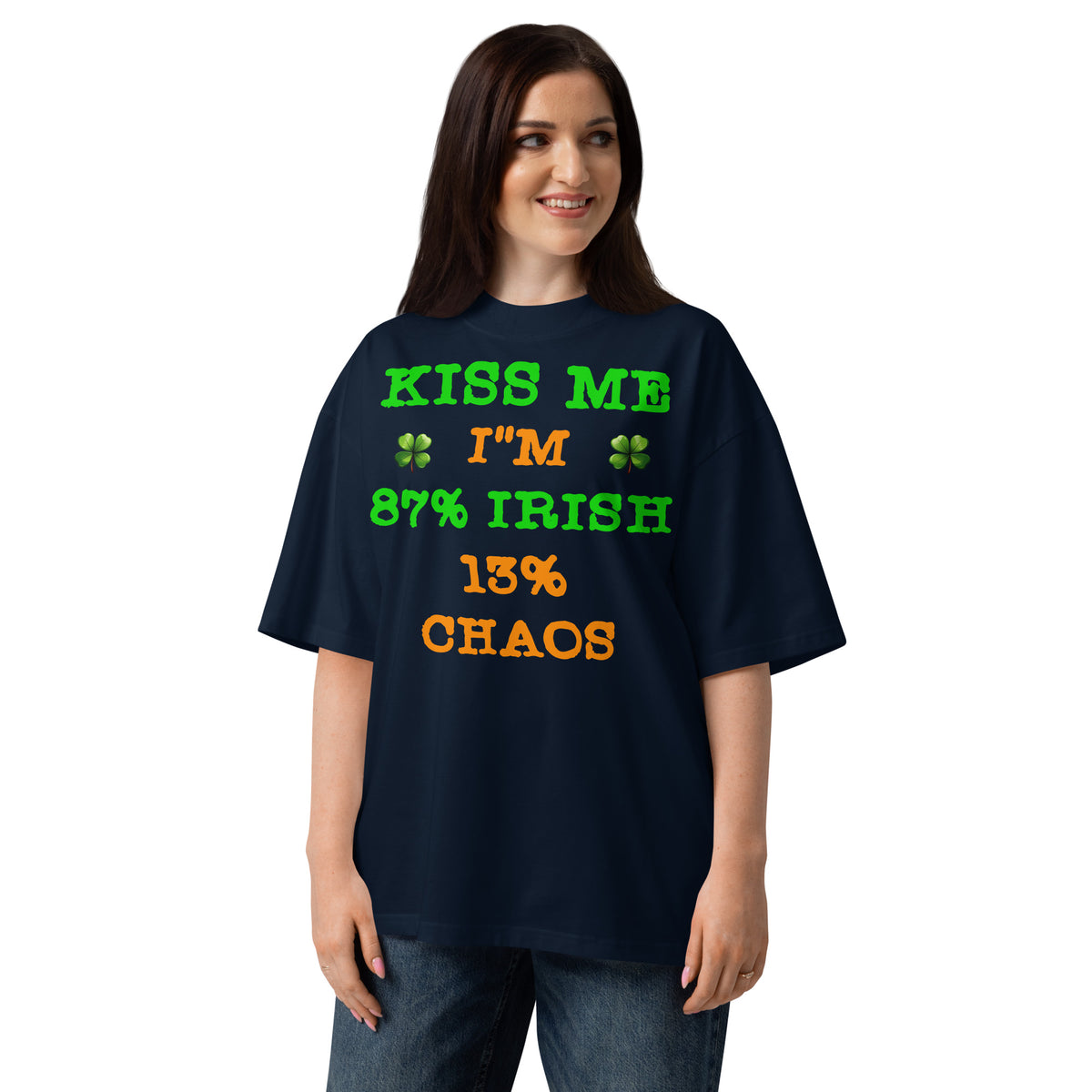 Kiss Me — Irish Chaos Unisex organic oversized high neck t-shirt — French Navy — front