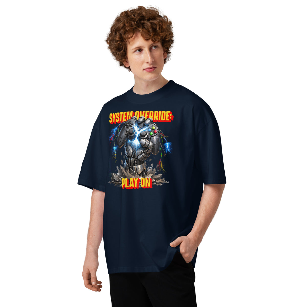System Override Gamer Unisex organic oversized high neck t-shirt — French Navy — front