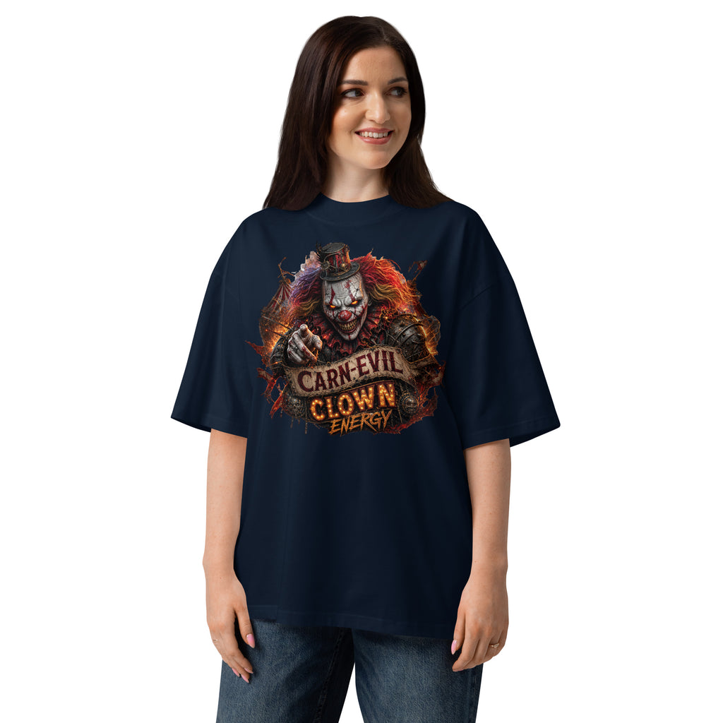 Top Hat Evil Clown Unisex organic oversized high neck t-shirt — French Navy — front