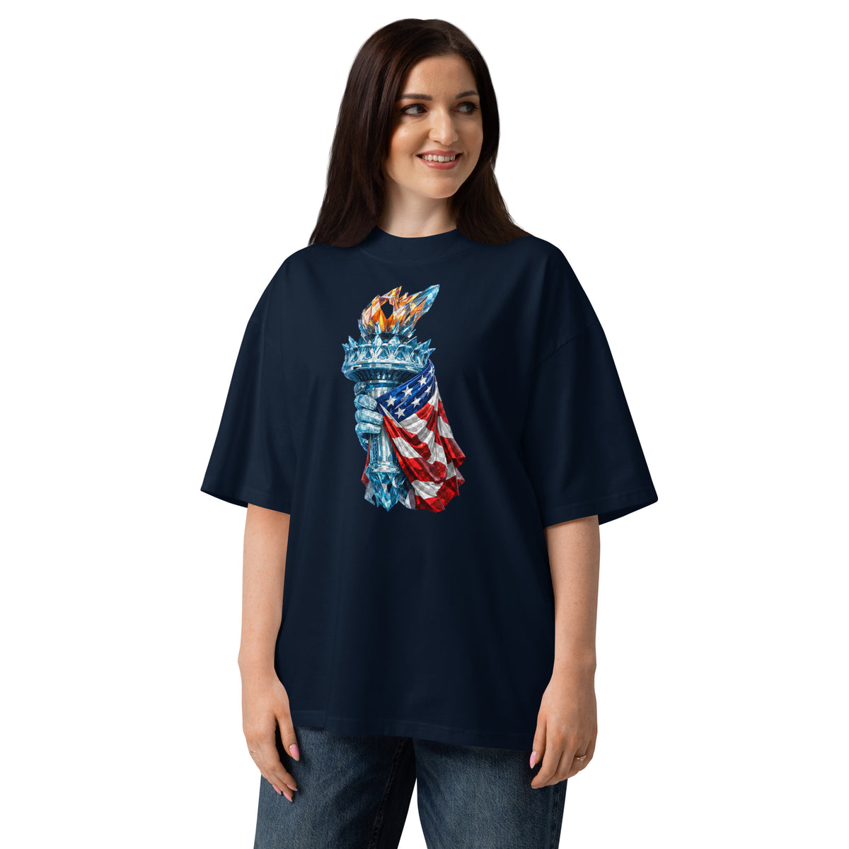 USA Liberty Ice Torch Unisex organic oversized high neck t-shirt — French Navy — front