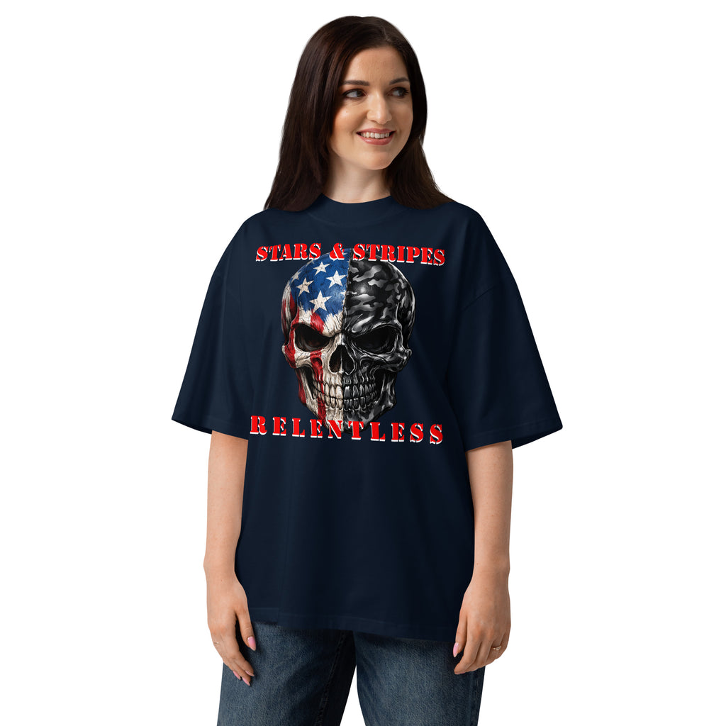 USA Patriotic Camo Skull Unisex organic oversized high neck t-shirt — French Navy — front