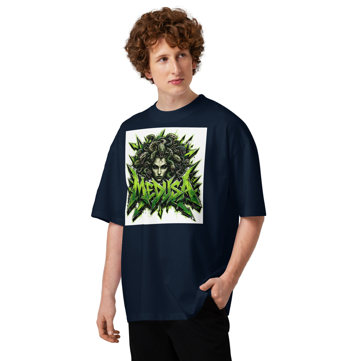 Medusa Graffiti Unisex organic oversized high neck t-shirt — French Navy — front
