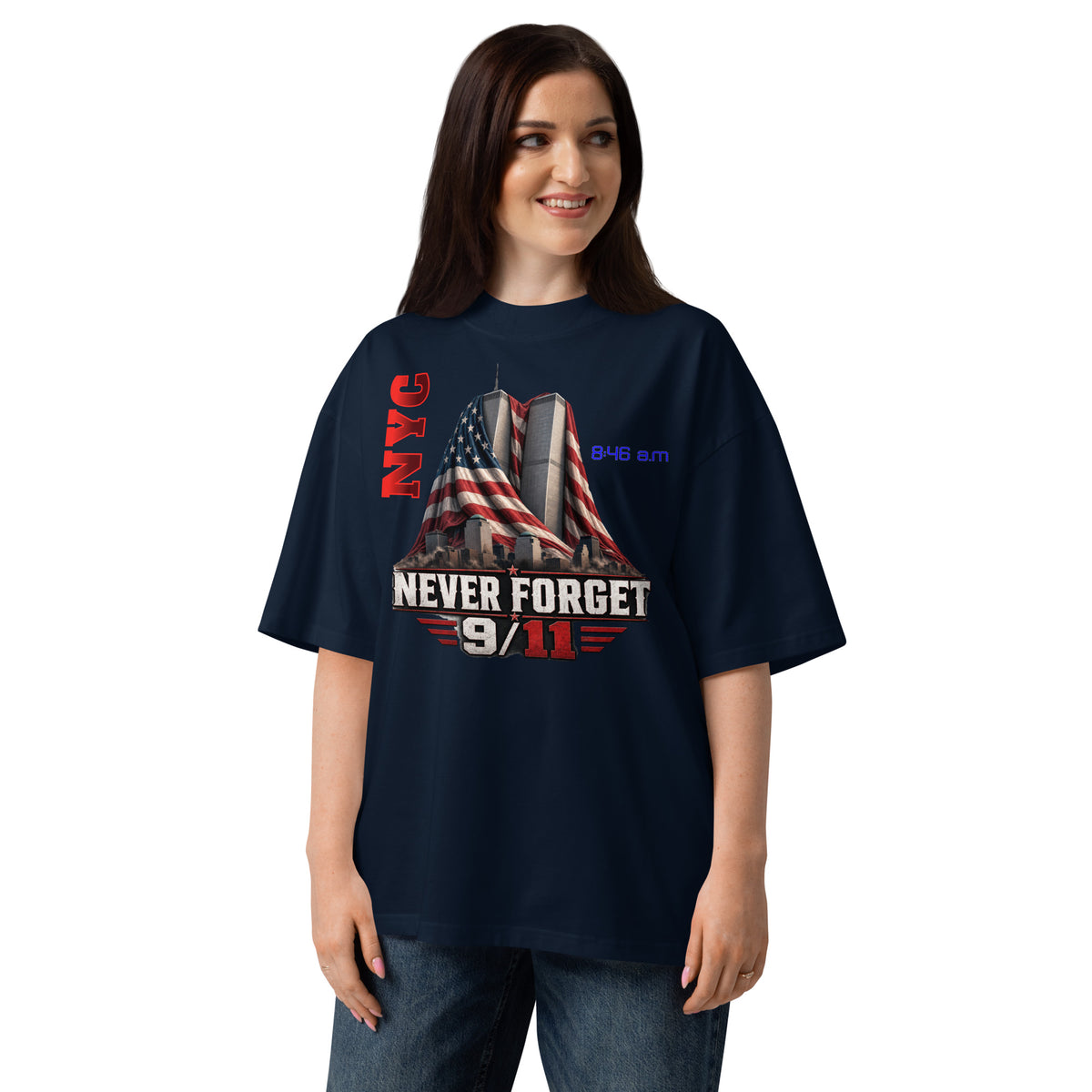 WTC 9/11 Unisex organic oversized high neck t-shirt — French Navy — front
