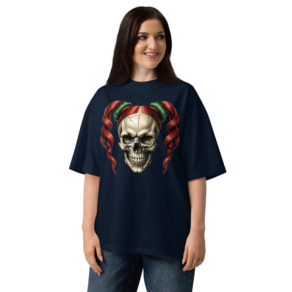 Ponytails Skull Unisex organic oversized high neck t-shirt — French Navy — front
